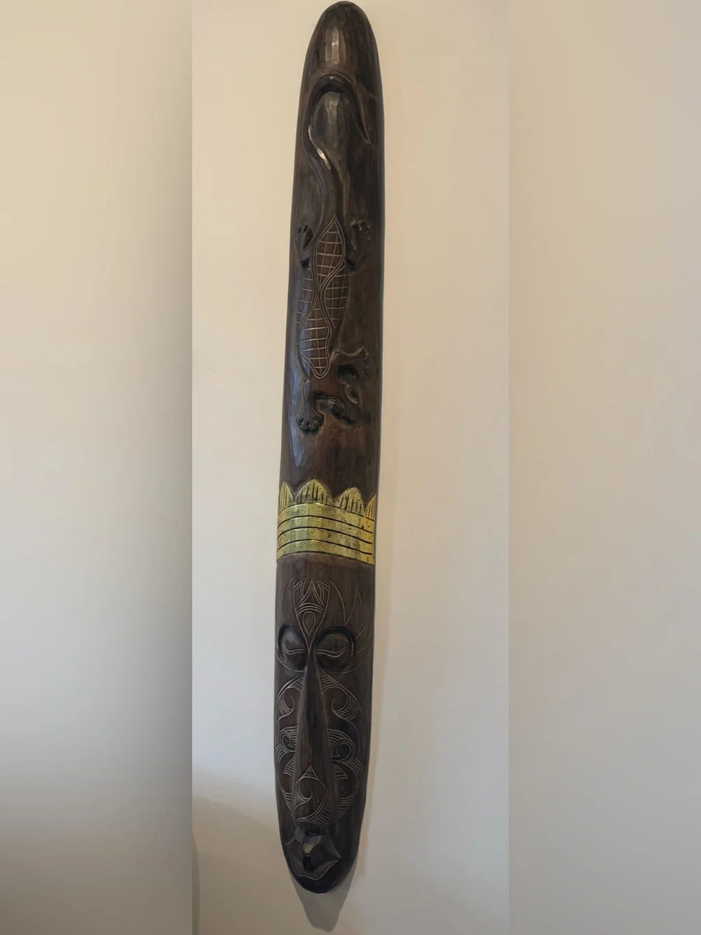 Hand-Carved Tribal Wooden Wall Mask - Dark Brown with Gold Accent